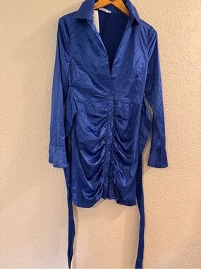 Blue Satin Ruched Mini Dress with Collar